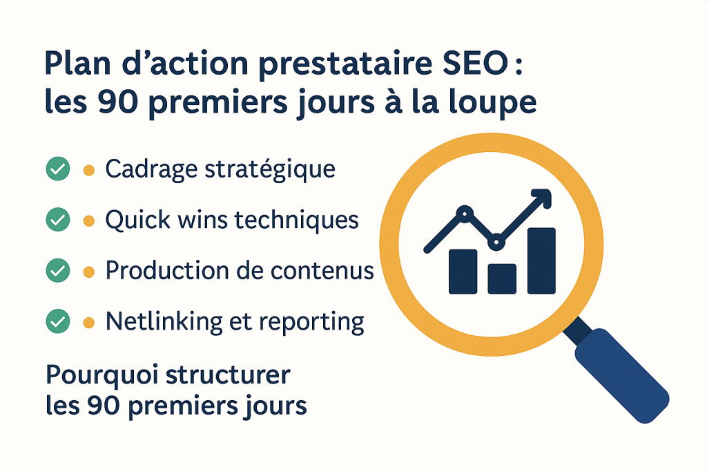 Plan d’action prestataire SEO : les 90 premiers jours à la loupe